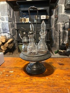 Antique Victorian condiment lazy Susan glass cruet set